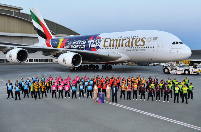 ICC Mens' T20 World Cup 2021 Special Livery Airbus A380. Photo: Emirates Airlines