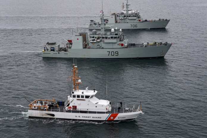 Coast Guard Cutter Blue Shark [WPB 87360] transits the waters of the Salish Sea alongside HMCS Saskatoon and HMCS Yellowknife during a joint exercise. Photo: U.S. Coast Guard