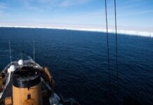 Coast Guard Cutter Polar Star reaches southernmost navigable waters U.S. Coast Guard Cutter Polar Star (WAGB 10) transits away from the ice shelf near the Bay of Whales, Antarctica, Feb. 17, 2022. Polar Star navigated to the Southernmost navigable seas and entered uncharted waters, reaching the edge of the ice shelf. Photo: United States Coast Guard