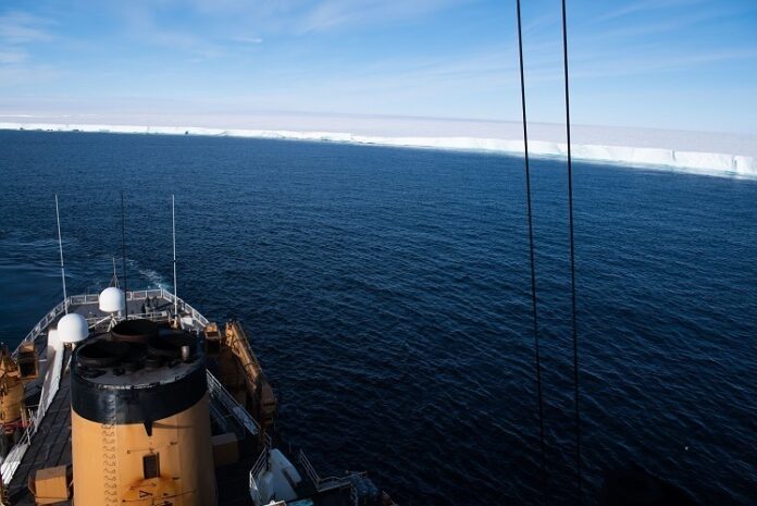 U.S. Coast Guard Cutter Polar Star (WAGB 10) transits away from the ice shelf near the Bay of Whales, Antarctica, Feb. 17, 2022. Polar Star navigated to the Southernmost navigable seas and entered uncharted waters, reaching the edge of the ice shelf. Photo: United States Coast Guard