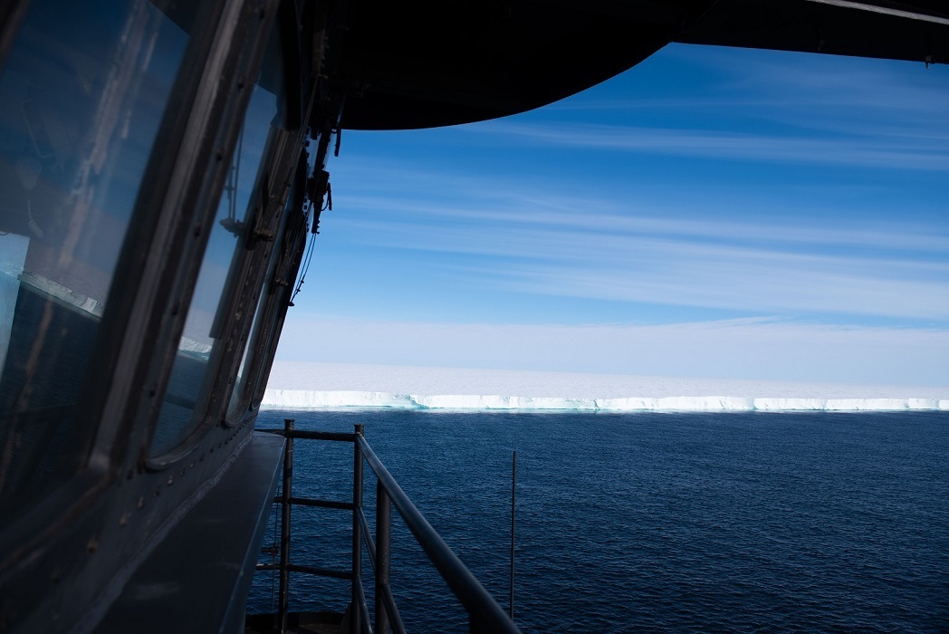 Shown is the edge of the ice shelf in the southernmost navigable water from the crows nest of U.S. Coast Guard Cutter Polar Star (WAGB 10), Feb. 17, 2022. Polar Star came 500 yards from the ice shelf. Photo: United States Coast Guard