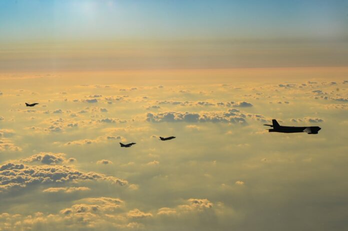 Allied F-35s and Eurofighters from Italy escorted two US B-52s throughout the Mediterranean Sea and Black Sea Region. Photo by Airman 1st Class Zachary Wright.