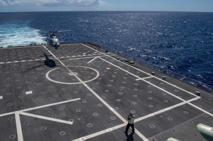 A MQ-8C Fire Scout prepares to land aboard USS JACKSON (LCS-6) in the Pacific Region, April 19, 2022. Credit: U.S. Navy