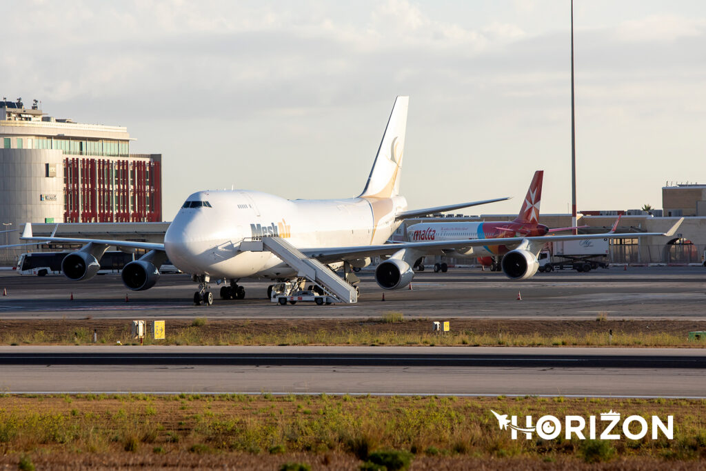 MeskAir Boeing 747-4H6(BDSF) 9H-MSK on Apron 9 after a diverting due to a technical issue as EAU102. Photo: Christian Camilleri