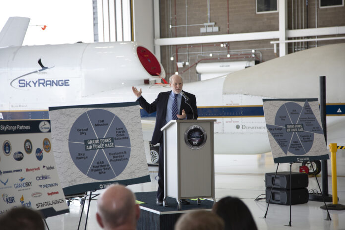 George Rumford, acting director and principal deputy, TRMC, delivers comments during SkyRange fleet expansion ceremony. Photo: Northrop Grumman