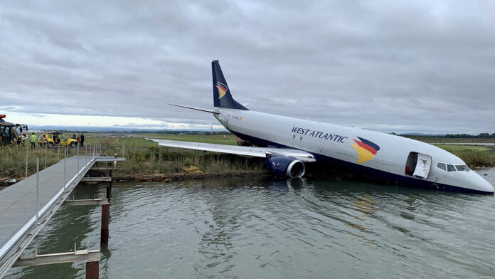 West Atlantic Boeing 737-300F aircraft (EC-NLS) did a Runway excursion , when it overran the end of runway 12L at Montpellier Airport (LFMT), France. Photo: BEA