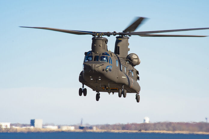 The CH-47F Block II during first flight. The Block II Chinook is powered by cutting-edge technologies — including redesigned fuel tanks, a strengthened fuselage and an enhanced drivetrain. Photo: Fred Troilo