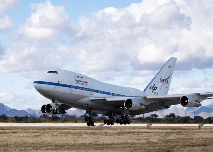 NASA's Stratospheric Observatory for Infrared Astronomy (SOFIA) aircraft lands on the flightline at Davis-Monthan Air Force Base. Photo: U.S. Air Force photo by Staff Sgt. Kristine Legate