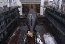 The Velikie Luki, a new Russian Lada-class submarine, enters the water