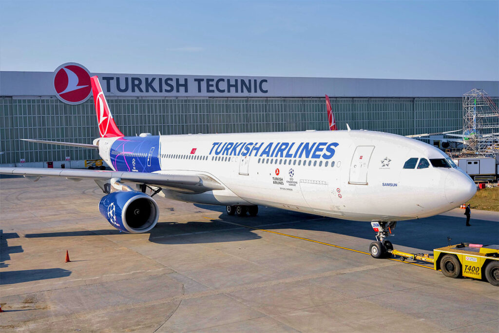 UEFA Champions League themed aircraft of Turkish Airlines is in the ...