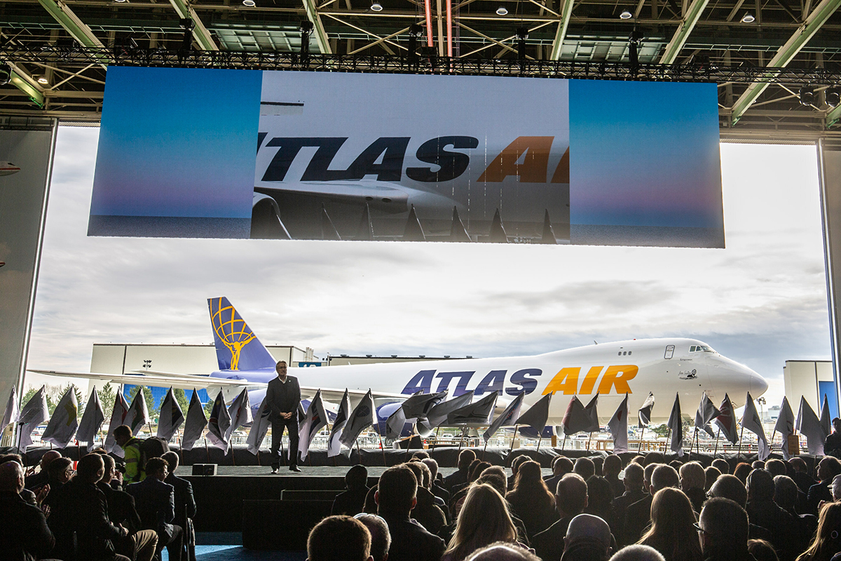 Shown here on stage: President and CEO of Atlas Air, John Dietrich. Photo: Boeing