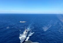 Training between Hellenic AF Fighters with French Frigate FS LANGUEDOC