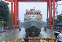 Launch of ‘Androth’, second ship of ASW SWC Indian Navy ‘Androth’, the second ASW Shallow Water Craft. Photo: Indian Navy Twitter
