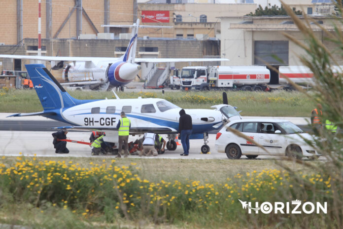 Piper PA-46-500TP Malibu Meridian 9H-CGF stopped on runway 31 at Malta International Airport due to a puncture.