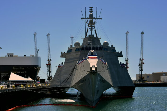 The Independence-variant variant littoral combat ship USS Santa Barbara (LCS 32) is in port at Naval Base Ventura County (NBVC) for its commissioning ceremony, March 31, 2023. NBVC is a strategically located naval installation composed of three operating facilities: Point Mugu, Port Hueneme and San Nicolas Island. NBVC is the home of the Pacific Seabees, West Coast E-2D Hawkeyes, three warfare centers and 80 tenant commands. Photo: U.S. Navy Ensign Drew Verbis