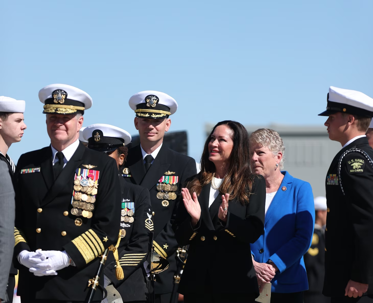 Adm. Samuel J. Paparo, commander, U.S. Pacific Fleet, left, Cdr. Brian Sparks, commanding officer, Independence-class variant littoral combat ship USS Santa Barbara (LCS32), center, Lola Zinke, ships sponsor, and Congresswoman Julia Brownley, prepare to take the stage during the LCS32 Commissioning Ceremony onboard Naval Base Ventura County (NBVC), Port Hueneme, Apr. 1, 2023. Littoral Combat Ships are fast, optimally-manned, mission-tailored surface combatants that operate in near-shore and open-ocean environments, winning against 21st-century coastal threats. LCS integrate with joint, combined, manned and unmanned teams to support forward presence, maritime security, sea control, and deterrence missions around the globe. NBVC is a strategically located Naval installation composed of three operating facilities: Point Mugu, Port Hueneme and San Nicolas Island. NBVC is the home of the Pacific Seabees, West Coast E-2D Hawkeyes, 3 warfare centers and 80 tenants. Photo: U.S. Navy Mass Communication 1st Class Douglas "Evan" Parker