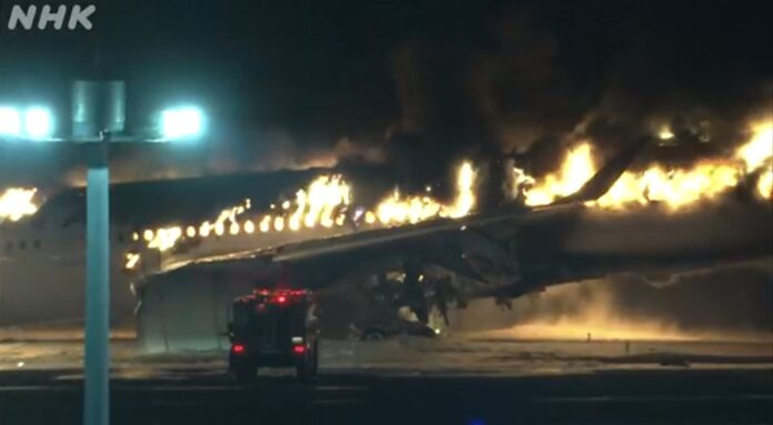 Japan Airlines plane Airbus A350 fully engulfed in flames after collision at Tokyo airport. Photo: X (Twitter)