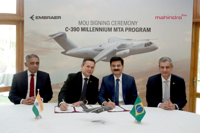 Embraer and Mahindra announce collaboration on the C-390 Millennium Medium Transport Aircraft in India (L to R): N Raveeswaran, CEO - A&D Strategic Business , Mahindra Bosco da Costa Junior, President & CEO, Embraer Defense & Security Vinod Sahay, President Aerospace & Defence Sector and Member of Group Executive Board, Mahindra Frederico Lemos, Chief Commercial Officer, Embraer Defense & Security
