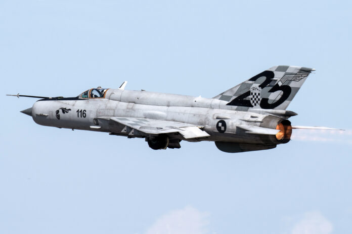 Mikoyan-Gurevich MiG-21 D carrying serial 116 seen blasting away after takeoff from Zagreb International Airport, possibly for its final aerial public performance in Europe during AIRVG2024. Photo: Malcolm Bezzina